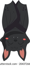 The bat is sleeping on the tree. A bat weighs with closed eyes upside down on a tree branch.Amusing, cheerful, benevolent bat. Cheerful bat. For halloween.