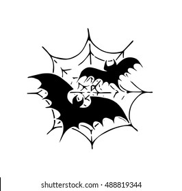 bat and spider net black silhouette illustration on white background