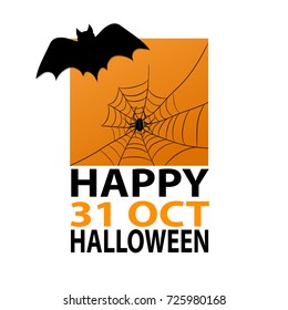 Bat and spider on web on halloween orange background for your design, stock vector illustration