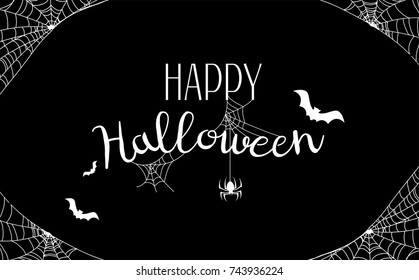 Bat and spider silhuette with white spiderweb on black background. Happy Halloween lettering text for greeting card. Vector illustration