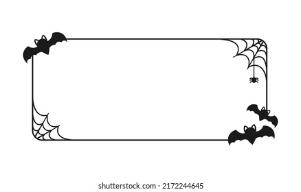 Bat with spiders on web rectangle border frame. Spooky cartoon Halloween theme frames