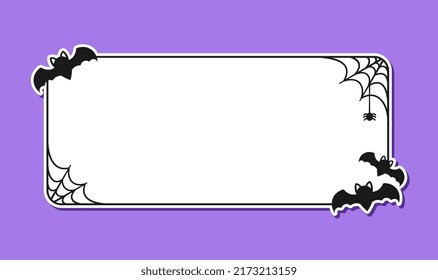 Bat with spiders on web rectangle border frame. Spooky cartoon Halloween theme frames