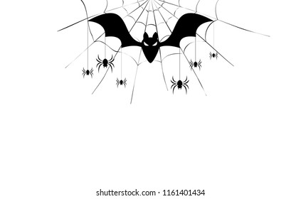 A Bat and Spiders with Web. Halloween concept background with white copy space. Vector illustration.