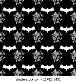 bat and spiderweb, black and white seamless halloween style vector texture