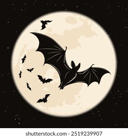 Murciélago con alas extendidas. Silueta negra de murciélagos flotando sobre el fondo de luna llena. Ilustración vectorial mística para Halloween, elemento de misterio y enigma.