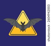 A bat with spread wings in front of a hazard symbol, all in simple shapes
