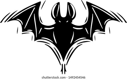 Bat with spread wings hand drawn silhouette illustration. Spooky flying flittermouse, creepy nocturnal creature monochrome grunge drawing. Halloween holiday, vampires superstition monocolor symbol