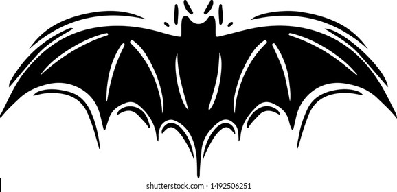 Bat with spread wings hand drawn silhouette illustration. Spooky flying flittermouse, creepy nocturnal creature monochrome grunge drawing. Halloween holiday, vampires superstition monocolor symbol