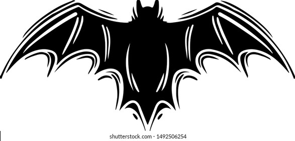 Bat with spread wings hand drawn silhouette illustration. Spooky flying flittermouse, creepy nocturnal creature monochrome grunge drawing. Halloween holiday, vampires superstition monocolor symbol
