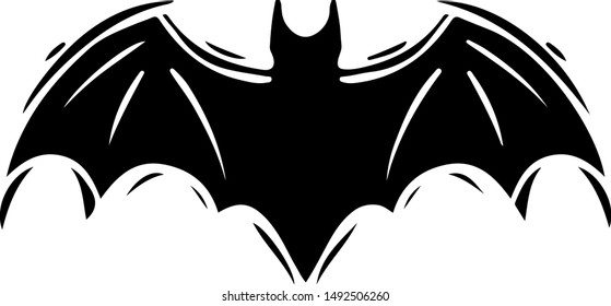 Bat with spread wings hand drawn silhouette illustration. Spooky flying flittermouse, creepy nocturnal creature monochrome grunge drawing. Halloween holiday, vampires superstition monocolor symbol