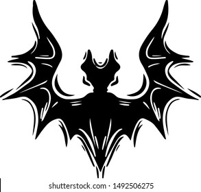 Bat with spread wings hand drawn silhouette illustration. Spooky flying flittermouse, creepy nocturnal creature monochrome grunge drawing. Halloween holiday, vampires superstition monocolor symbol