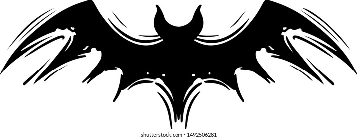 Bat with spread wings hand drawn silhouette illustration. Spooky flying flittermouse, creepy nocturnal creature monochrome grunge drawing. Halloween holiday, vampires superstition monocolor symbol