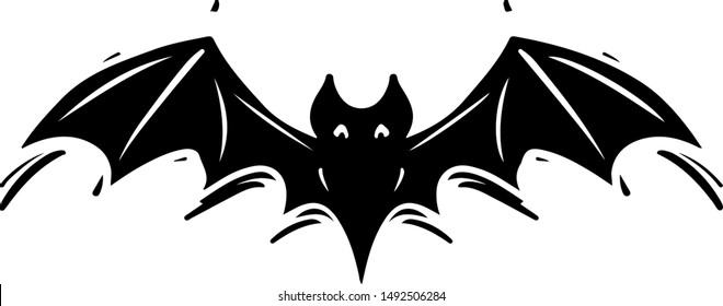 Bat with spread wings hand drawn silhouette illustration. Spooky flying flittermouse, creepy nocturnal creature monochrome grunge drawing. Halloween holiday, vampires superstition monocolor symbol