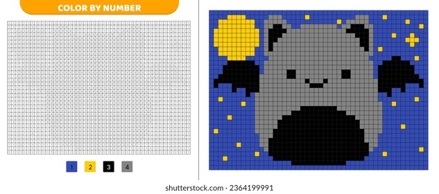 Bat squishmallow. Color by number. Pixel coloring book. Numbered squares. Game for kids. Pixel art. Isolated vector illustration eps 10