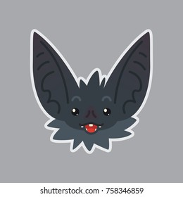 Bat sticker. Emoji. Vector illustration of cute Halloween bat vampire shows surprised emotion. Isolated emoticon icon with sublayer. Bat-eared grey creature's snout. Print design. Badge. Excited.