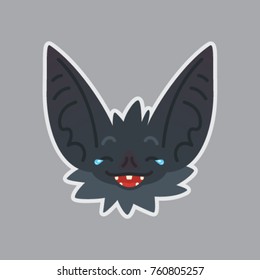 Bat sticker. Emoji. Vector illustration of cute Halloween bat vampire shows LOL emotion. Joke. Emoticon icon with sublayer. Bat-eared grey creature's snout. Print design. Badge. Laugh out loud.