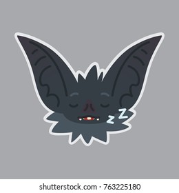 Bat sticker. Emoji. Vector illustration of cute Halloween bat vampire shows sleepy emotion. Rest. Isolated emoticon icon with sublayer. Bat-eared grey creature's snout. Print design. Badge. Sleeping.