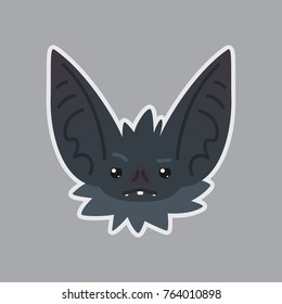 Bat sticker. Emoji. Vector illustration of cute Halloween bat vampire shows distrust emotion. Suspicious. Emoticon icon with sublayer. Bat-eared grey creature's snout. Print design. Badge. Skeptical.