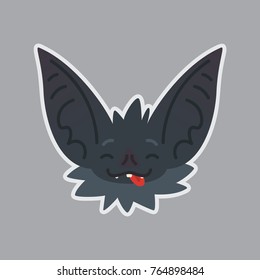 Bat sticker. Emoji. Vector illustration of cute Halloween bat vampire shows joyful emotion. Isolated emoticon icon with sublayer. Bat-eared grey creature's snout with tongue. Print design. Badge. Joke