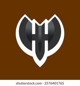 Bat stylized logo. The bat animal creative minimalistic geometric symbol with contour. Security, guard and protection sign concept. Black, white and brown colors.