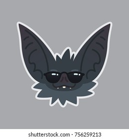 Bat in sunglasses sticker. Emoji. Vector illustration of cute Halloween bat vampire shows cool emotion. Emoticon icon with sublayer. Bat-eared grey creature's snout. Print design. Badge.