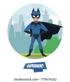 Bat superhero cartoon on city