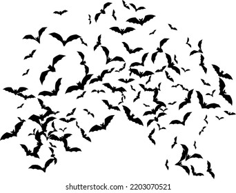 Bat swarm. Flying bat silhouette. Halloween Decoration element. Flat vector illustration.