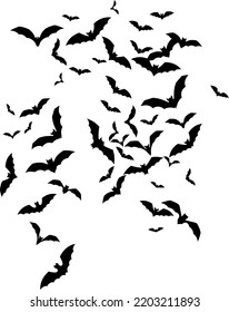 Bat swarm. Flying bat silhouette. Halloween Decoration element. Flat vector illustration.