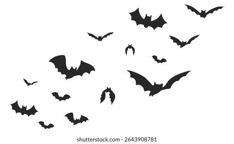 Enxame de morcego silhueta halloween. Voando em grupo assustador. Elemento de design para decoração. Simples morcegos góticos assustadores. morcegos negros no céu noturno