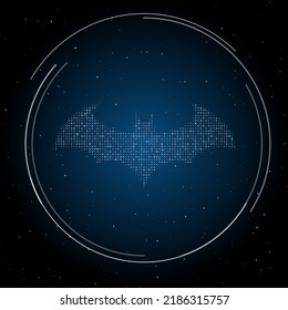 The bat symbol filled with white dots. Pointillism style. Some dots is red. Vector illustration on blue background with stars