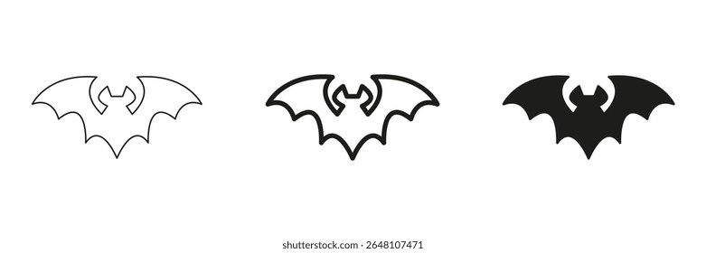 Bat Symbol In Line, Outline, And Glyph Icon Set. Nocturnal Creature And Halloween Theme Symbol Collection. Perfect For Spooky Designs And Horror-Themed Projects. Isolated Vector Illustration.