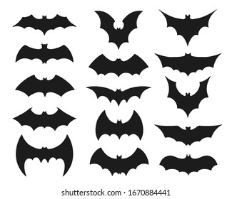 Bat symbol set. Collection of black silhouettes of mysterious flying nocturnal animals with flapping wings isolated on white background. Halloween decoration. Flat bat vector illustration.