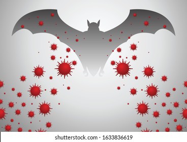 Bat are thought to be the cause of corona virus. Pictures of big bat and red color viruses. vector illustration.