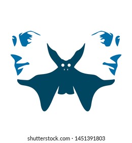 A bat or two face profile view. Optical illusion. Human head make silhouette of insect