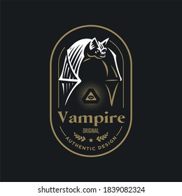A bat, a vampire, flies down flapping its wings. All-seeing eye. Laurel wreaths. Stylized vector logo.