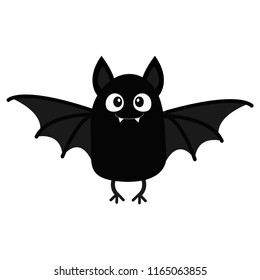 Bat vampire. Happy Halloween. Cute cartoon baby character with big open wing, ears, legs. Black silhouette. Forest animal. Flat design. White background. Isolated. Greeting card. Vector illustration