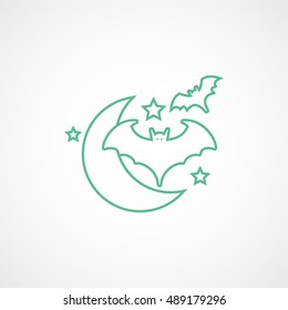 Bat Vampire And Night Moon Halloween Concept Green Line Icon On White Background