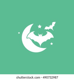 Bat Vampire And Night Moon Halloween Concept  Flat Icon On Green Background