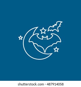 Bat Vampire With Night Moon And Stars Halloween Concept Line Icon On Blue Background