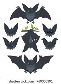 Bat in various poses. Flying, hanging. Grey bat-eared snouts with different emotions. Vector illustration of modern flat animal emoticons on white background. Cute mascot emoji set. Halloween smiley.