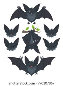 Bat in various poses. Flying, hanging. Grey bat-eared snouts with different emotions. Vector illustration of modern flat animal emoticons on white background. Cute mascot emoji set. Halloween smiley.