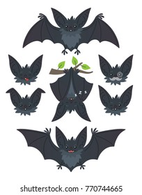 Bat in various poses. Flying, hanging. Grey bat-eared snouts with different emotions. Vector illustration of modern flat animal emoticons on white background. Cute mascot emoji set. Halloween smiley.