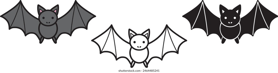 Bat vector graphic drawing. Colored, black outline, black silhouette. Cute spooky Halloween 31st October celebration. Isolated illustration on white background. Sticker for the fridge, car, wall