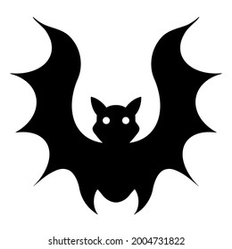 Bat vector icon. Isolated illustration on white. Black silhouette of a nocturnal predator with round eyes. Hand-drawn doodle. An animal with large wings flies. Halloween decor. Monochrome.