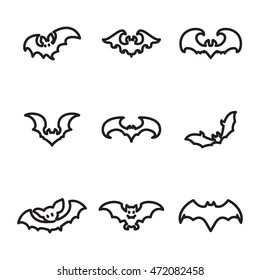 Bat vector icons. Simple illustration set of 9 bat elements, editable icons, can be used in logo, UI and web design