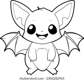 Bat vector illustration. Black and white Halloween Bat coloring book or page for children