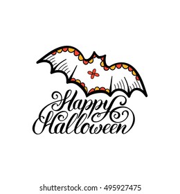 Bat vector illustration with Happy Halloween lettering for party invitation card, poster. All Saints' Eve background.