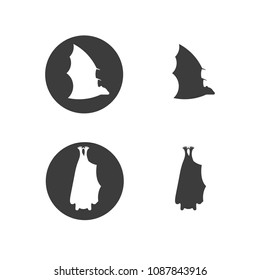 Bat vector simple icons. Flat illustration of a flying and sleeping hanging bat silhouette isolated on white background.