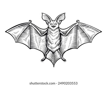 Bat vector sketch, black and white illustration of a flying Halloween vampire.