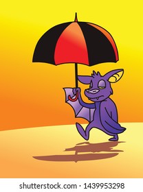 a bat walking under umbrella around sunlight. fill hot and unhappy. vector illustration isolated cartoon hand drawn